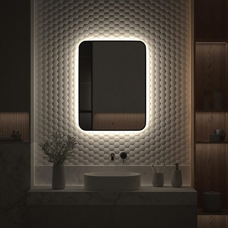 Зеркало Defesto Aura 60х80 DF 2967R с подсветкой 25W-4500K/ИК - выключатель/Нейтральный белый свет/Черная рама, купить, цена, заказать, магазин, доставка, скидка, промокод, купить, цена, заказать, магазин, доставка, скидка, промокод