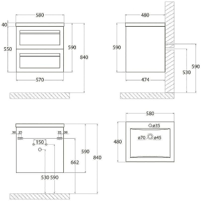 Тумба под раковину Art&Max AM-Platino-580-2C-SO-NM подвесная Черная матовая