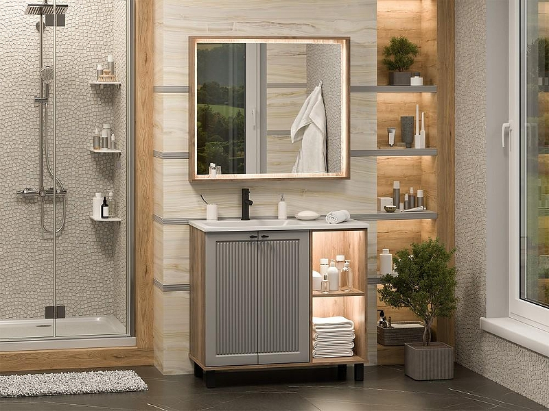 Тумба с раковиной Brevita Lumus 90 L УТ000025489 Серая матовая Дуб Галифакс олово, купить, цена, заказать, магазин, доставка, скидка, промокод, купить, цена, заказать, магазин, доставка, скидка, промокод