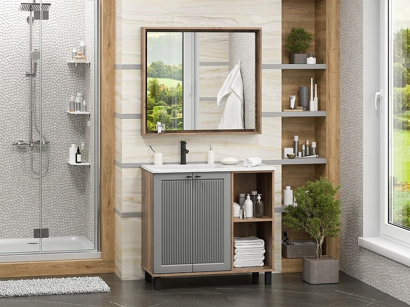 Тумба с раковиной Brevita Lumus 90 L УТ000025489 Серая матовая Дуб Галифакс олово, купить, цена, заказать, магазин, доставка, скидка, промокод, купить, цена, заказать, магазин, доставка, скидка, промокод