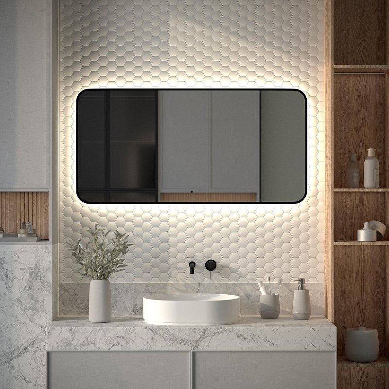 Зеркало Defesto Aura 120х60 DF 2968RH с подсветкой 34W-4500K/ИК - выключатель/Нейтральный белый свет/Черная рама, купить, цена, заказать, магазин, доставка, скидка, промокод, купить, цена, заказать, магазин, доставка, скидка, промокод