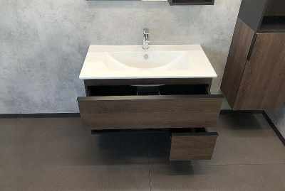 Тумба с раковиной Comforty Франкфурт 90 00004150657 подвесная Дуб шоколадно-коричневый с Белой раковиной