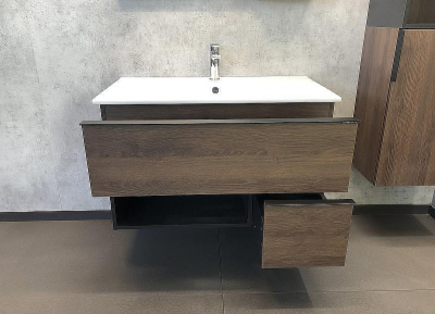 Тумба с раковиной Comforty Франкфурт 90 00004150657 подвесная Дуб шоколадно-коричневый с Белой раковиной