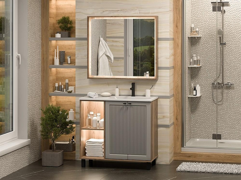 Тумба с раковиной Brevita Lumus 90 R УТ000025490 Серая матовая Дуб Галифакс олово, купить, цена, заказать, магазин, доставка, скидка, промокод, купить, цена, заказать, магазин, доставка, скидка, промокод