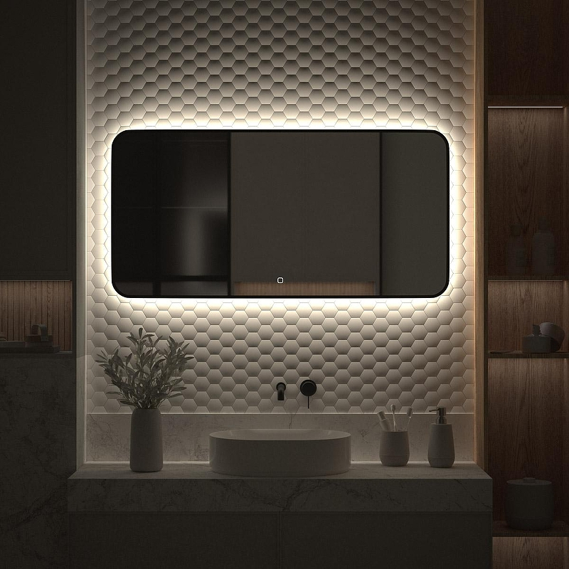 Зеркало Defesto Aura 120х60 DF 2968SH с подсветкой 34W-4500K/Сенсорный выключатель/Нейтральный белый свет/Черная рама, купить, цена, заказать, магазин, доставка, скидка, промокод, купить, цена, заказать, магазин, доставка, скидка, промокод