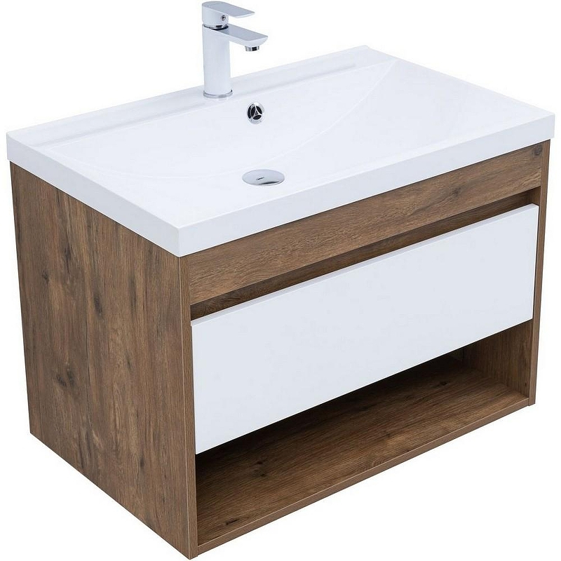 Тумба под раковину Aquanet Тренд 75 345118 подвесная Дуб рустикальный Белый сатин, купить, цена, заказать, магазин, доставка, скидка, промокод, купить, цена, заказать, магазин, доставка, скидка, промокод