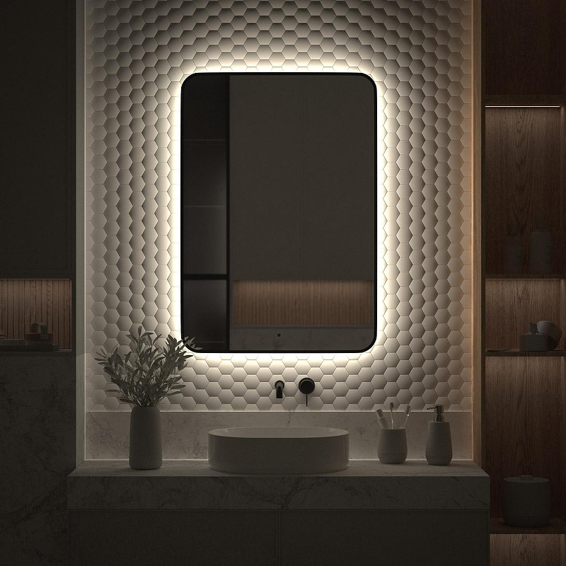 Зеркало Defesto Aura 70х100 DF 2969R с подсветкой 32W-4500K/ИК - выключатель/Нейтральный белый свет/Черная рама, купить, цена, заказать, магазин, доставка, скидка, промокод, купить, цена, заказать, магазин, доставка, скидка, промокод