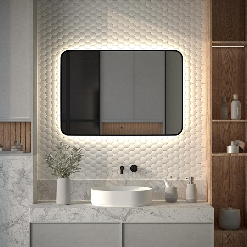 Зеркало Defesto Aura 100х70 DF 2969RH с подсветкой 32W-4500K/ИК - выключатель/Нейтральный белый свет/Черная рама, купить, цена, заказать, магазин, доставка, скидка, промокод, купить, цена, заказать, магазин, доставка, скидка, промокод