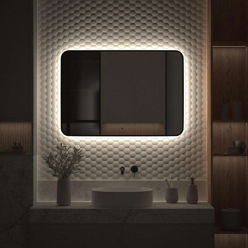 Зеркало Defesto Aura 100х70 DF 2969RH с подсветкой 32W-4500K/ИК - выключатель/Нейтральный белый свет/Черная рама, купить, цена, заказать, магазин, доставка, скидка, промокод, купить, цена, заказать, магазин, доставка, скидка, промокод