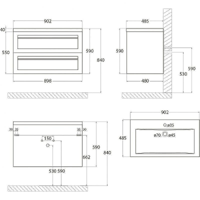 Тумба под раковину Art&Max AM-Platino-900-2C-SO-GCM подвесная Светло-серая матовая