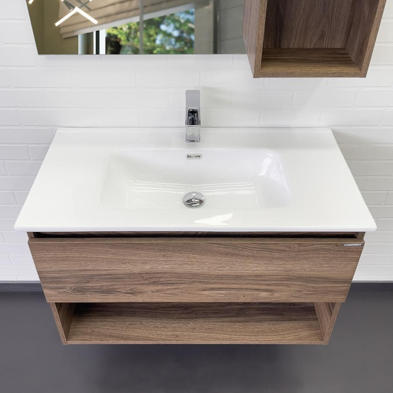 Тумба с раковиной Comforty Бордо 90 00-00019288 подвесная Дуб темно-коричневый, купить, цена, заказать, магазин, доставка, скидка, промокод, купить, цена, заказать, магазин, доставка, скидка, промокод