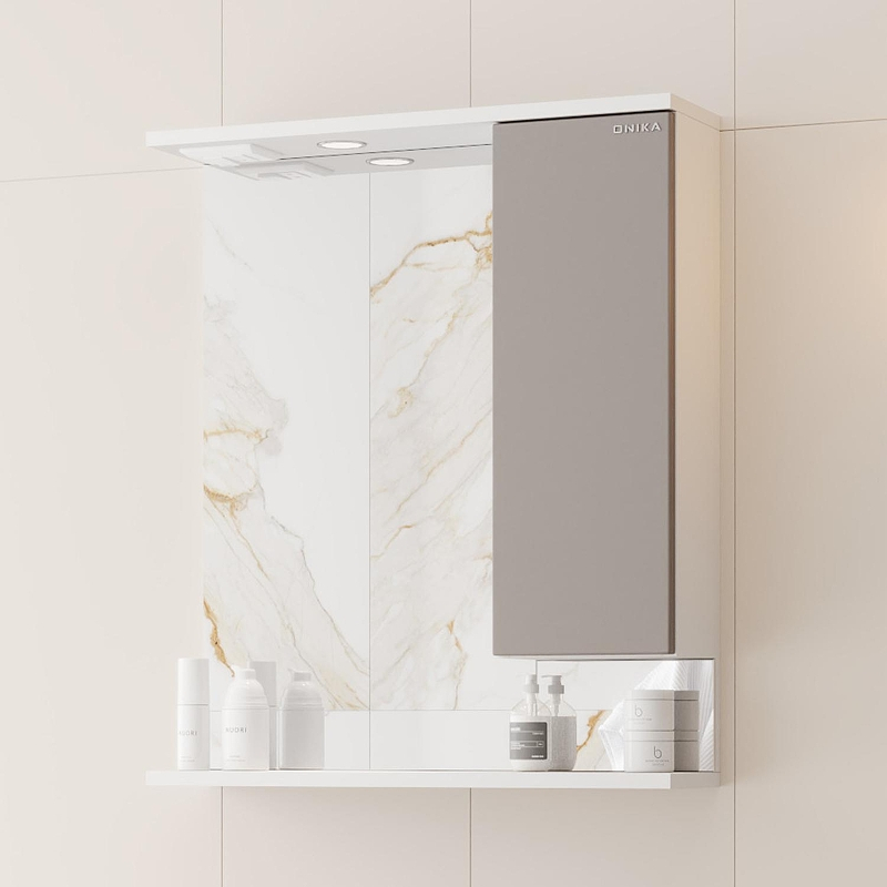 Зеркало со шкафом Onika Марви 60 R 206088 с подсветкой цвет Белый Мокко, купить, цена, заказать, магазин, доставка, скидка, промокод, купить, цена, заказать, магазин, доставка, скидка, промокод
