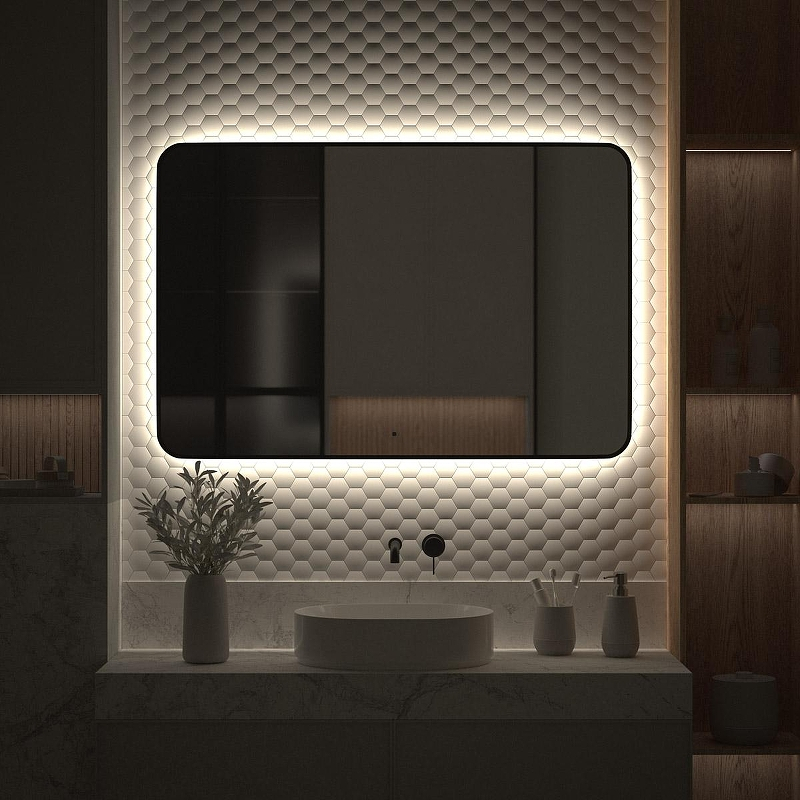 Зеркало Defesto Aura 120х80 DF 2970RH с подсветкой 38W-4500K/ИК - выключатель/Нейтральный белый свет/Черная рама, купить, цена, заказать, магазин, доставка, скидка, промокод, купить, цена, заказать, магазин, доставка, скидка, промокод