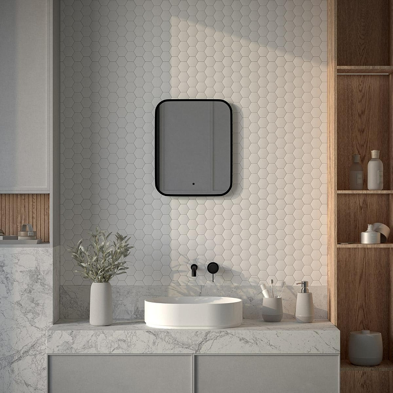 Зеркало Defesto Aura 40х50 DF 2971R с подсветкой 15W-3000K/ИК - выключатель/Теплый белый свет/Черная рама, купить, цена, заказать, магазин, доставка, скидка, промокод, купить, цена, заказать, магазин, доставка, скидка, промокод