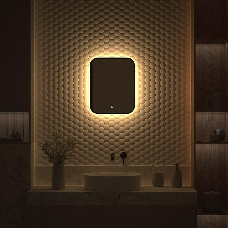 Зеркало Defesto Aura 40х50 DF 2971S с подсветкой 15W-3000K/Сенсорный выключатель/Теплый белый свет/Черная рама, купить, цена, заказать, магазин, доставка, скидка, промокод, купить, цена, заказать, магазин, доставка, скидка, промокод