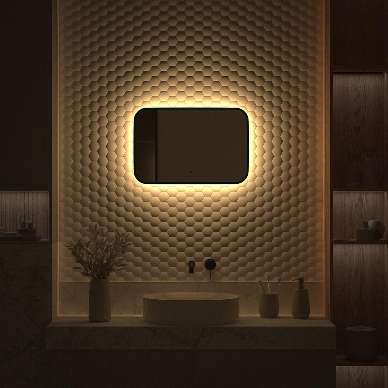 Зеркало Defesto Aura 60х40 DF 2972RH с подсветкой 17W-3000K/ИК - выключатель/Теплый белый свет/Черная рама, купить, цена, заказать, магазин, доставка, скидка, промокод, купить, цена, заказать, магазин, доставка, скидка, промокод