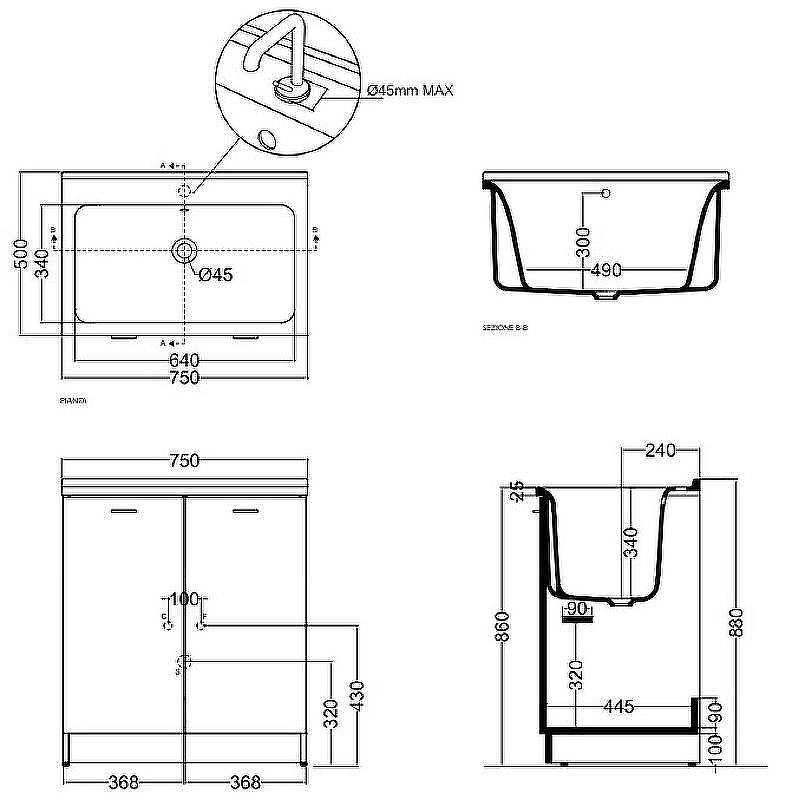 Тумба с хозяйственной раковиной Kerasan Aquadom 75 9164k3*1 Белая с отверстием под смеситель, купить, цена, заказать, магазин, доставка, скидка, промокод, купить, цена, заказать, магазин, доставка, скидка, промокод