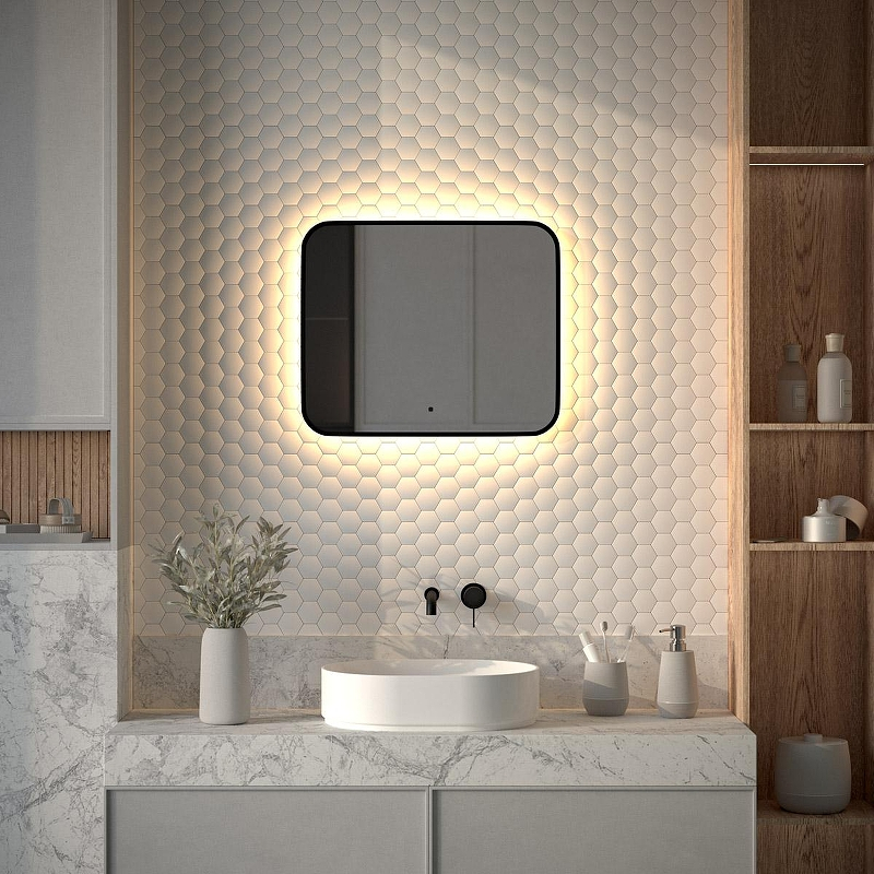 Зеркало Defesto Aura 60х50 DF 2973RH с подсветкой 19W-3000K/ИК - выключатель/Теплый белый свет/Черная рама, купить, цена, заказать, магазин, доставка, скидка, промокод, купить, цена, заказать, магазин, доставка, скидка, промокод