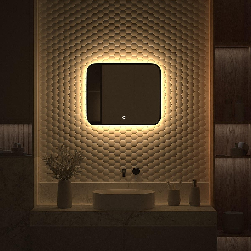 Зеркало Defesto Aura 60х50 DF 2973SH с подсветкой 19W-3000K/Сенсорный выключатель/Теплый белый свет/Черная рама, купить, цена, заказать, магазин, доставка, скидка, промокод, купить, цена, заказать, магазин, доставка, скидка, промокод