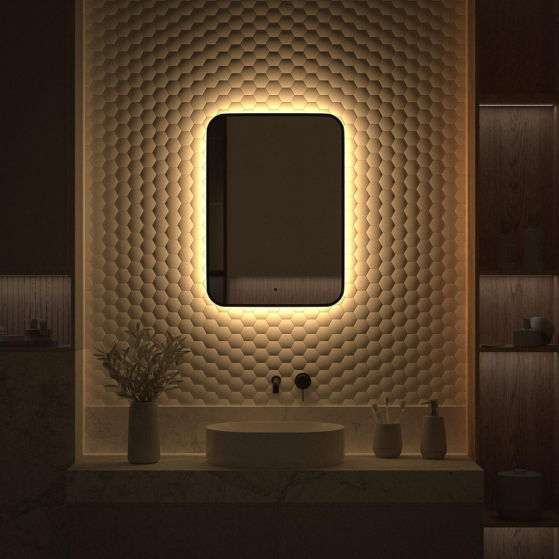 Зеркало Defesto Aura 50х70 DF 2974R с подсветкой 21W-3000K/ИК - выключатель/Теплый белый свет/Черная рама, купить, цена, заказать, магазин, доставка, скидка, промокод, купить, цена, заказать, магазин, доставка, скидка, промокод