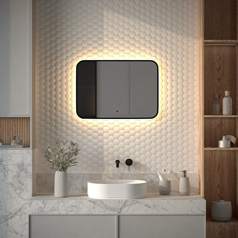 Зеркало Defesto Aura 70х50 DF 2974RH с подсветкой 21W-3000K/ИК - выключатель/Теплый белый свет/Черная рама, купить, цена, заказать, магазин, доставка, скидка, промокод, купить, цена, заказать, магазин, доставка, скидка, промокод