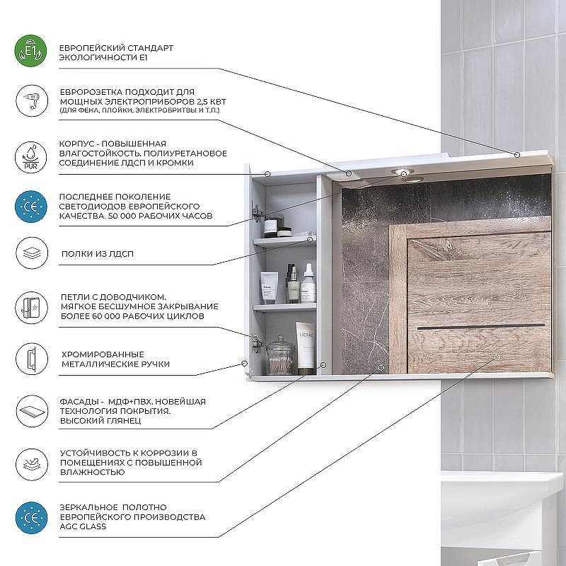Зеркало со шкафом Vigo Callao 80 L z.CAL.80.L.El с подсветкой Белое с электровыключателем, купить, цена, заказать, магазин, доставка, скидка, промокод, купить, цена, заказать, магазин, доставка, скидка, промокод