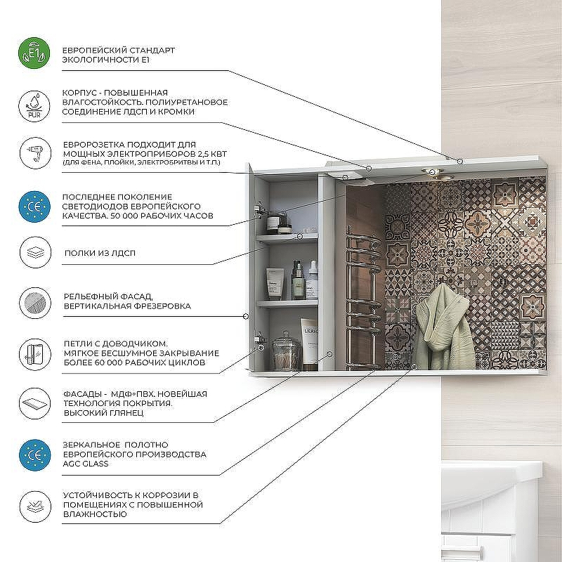 Зеркало со шкафом Vigo Diana 100 L z.DIA.100.L.El с подсветкой Белое с электровыключателем, купить, цена, заказать, магазин, доставка, скидка, промокод, купить, цена, заказать, магазин, доставка, скидка, промокод