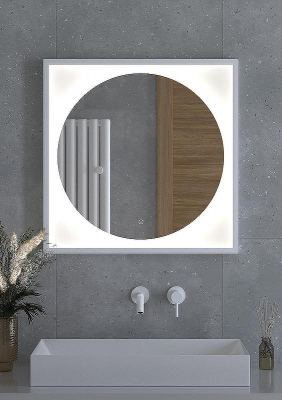 Зеркало Defesto Eclipce 70х70 DF 2227S с подсветкой 15W-4500К/в багетной раме/Сенсорный выключатель/Нейтральный белый свет/Белая рама