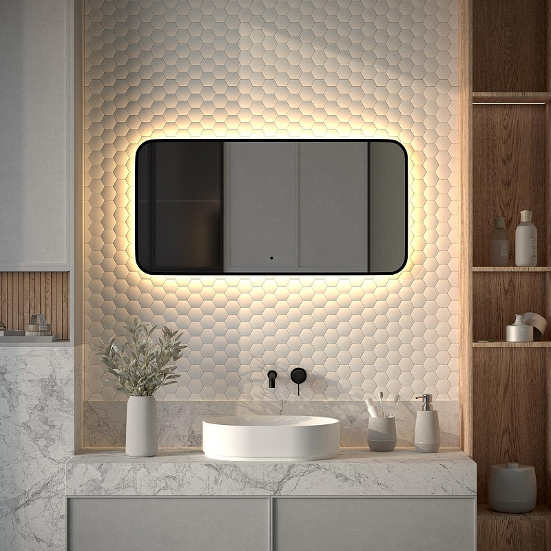 Зеркало Defesto Aura 100х50 DF 2975RH с подсветкой 28W-3000K/ИК - выключатель/Теплый белый свет/Черная рама, купить, цена, заказать, магазин, доставка, скидка, промокод, купить, цена, заказать, магазин, доставка, скидка, промокод