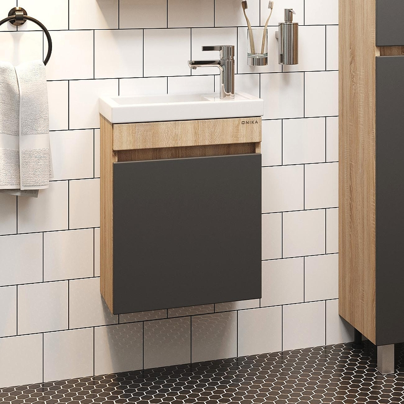 Тумба под раковину Onika Милтон 45 R 104511 подвесная цвет Дуб сонома Серый, купить, цена, заказать, магазин, доставка, скидка, промокод, купить, цена, заказать, магазин, доставка, скидка, промокод