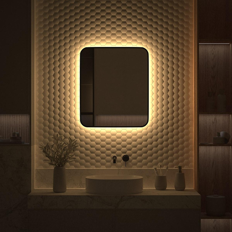 Зеркало Defesto Aura 60х70 DF 2976 с подсветкой 23W-3000K/Без выключателя/Теплый белый свет/Черная рама, купить, цена, заказать, магазин, доставка, скидка, промокод, купить, цена, заказать, магазин, доставка, скидка, промокод