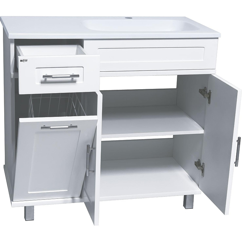 Тумба с раковиной Misty Купер 90 R УТ000011592 с бельевой корзиной Белая, купить, цена, заказать, магазин, доставка, скидка, промокод, купить, цена, заказать, магазин, доставка, скидка, промокод