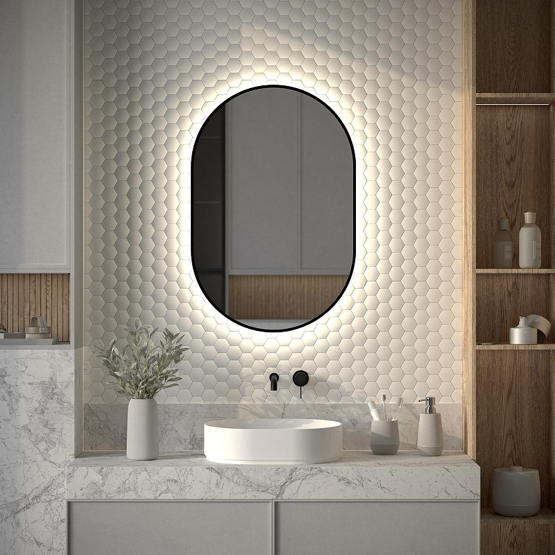 Зеркало Defesto Aura 60х90 DF 2925 с подсветкой 25W-4500K/Без выключателя/Нейтральный белый свет/Черная рама, купить, цена, заказать, магазин, доставка, скидка, промокод, купить, цена, заказать, магазин, доставка, скидка, промокод