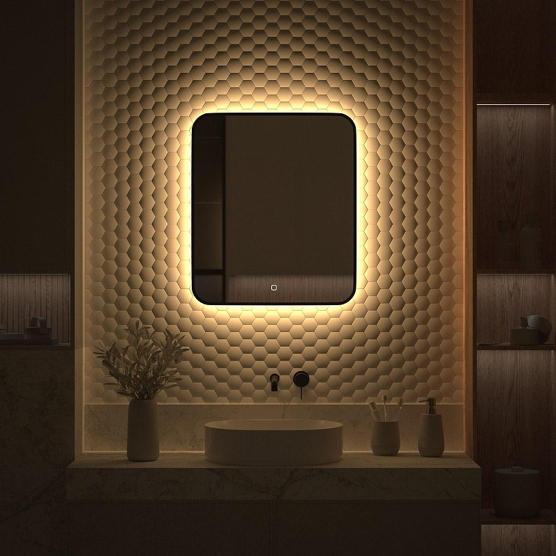 Зеркало Defesto Aura 60х70 DF 2976S с подсветкой 23W-3000K/Сенсорный выключатель/Теплый белый свет/Черная рама, купить, цена, заказать, магазин, доставка, скидка, промокод, купить, цена, заказать, магазин, доставка, скидка, промокод