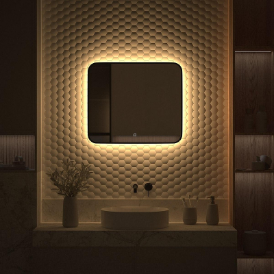 Зеркало Defesto Aura 70х60 DF 2976SH с подсветкой 23W-3000K/Сенсорный выключатель/Теплый белый свет/Черная рама