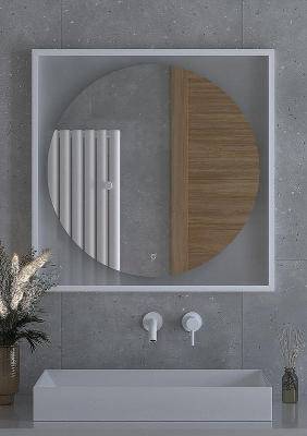 Зеркало Defesto Eclipce 80х80 DF 2238S с подсветкой 18W-3000К/в багетной раме/Сенсорный выключатель/Теплый белый свет/Белая рама