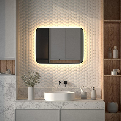 Зеркало Defesto Aura 80х60 DF 2977RH с подсветкой 25W-3000K/ИК - выключатель/Теплый белый свет/Черная рама