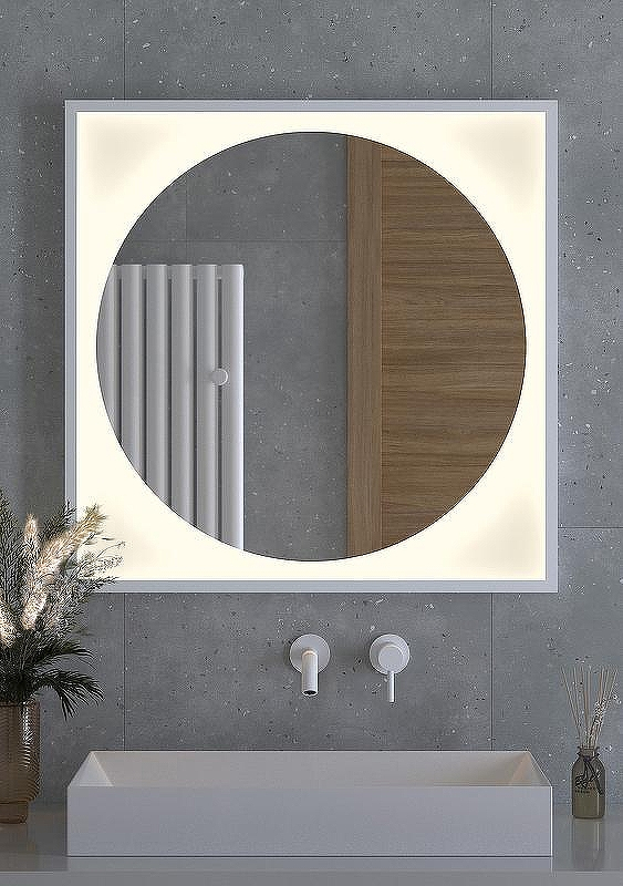 Зеркало Defesto Eclipce 80х80 DF 2238 с подсветкой 18W-3000К/в багетной раме/Без выключателя/Теплый белый свет/Белая рама, купить, цена, заказать, магазин, доставка, скидка, промокод, купить, цена, заказать, магазин, доставка, скидка, промокод