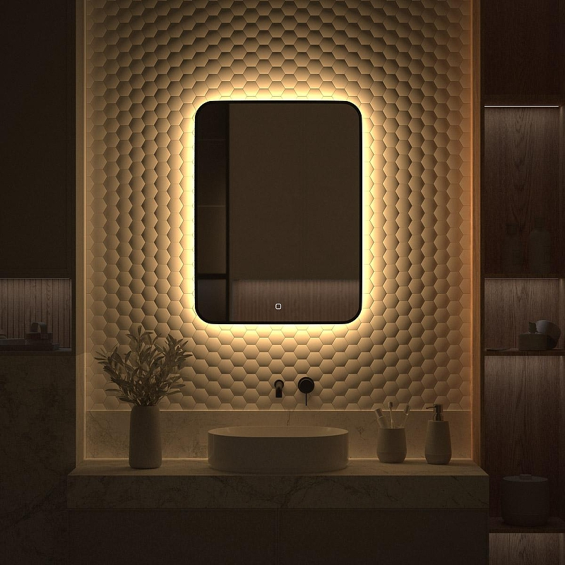 Зеркало Defesto Aura 60х80 DF 2977S с подсветкой 25W-3000K/Сенсорный выключатель/Теплый белый свет/Черная рама, купить, цена, заказать, магазин, доставка, скидка, промокод, купить, цена, заказать, магазин, доставка, скидка, промокод